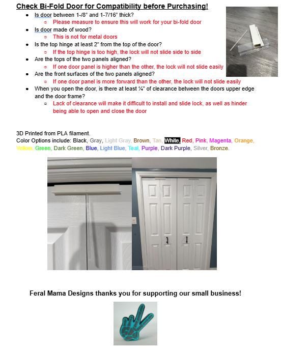 3D Printed Bi-Fold Door Safety Locks-- Set of 2