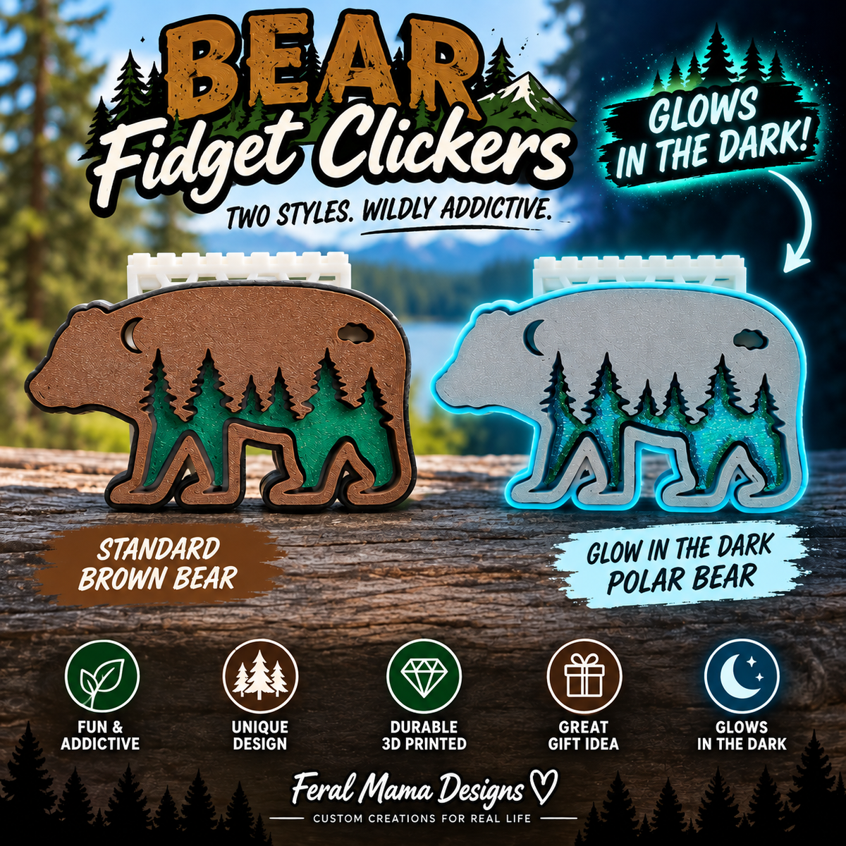 3D Printed Bear Fidget Clickers-- Standard & Glow-in-the-Dark