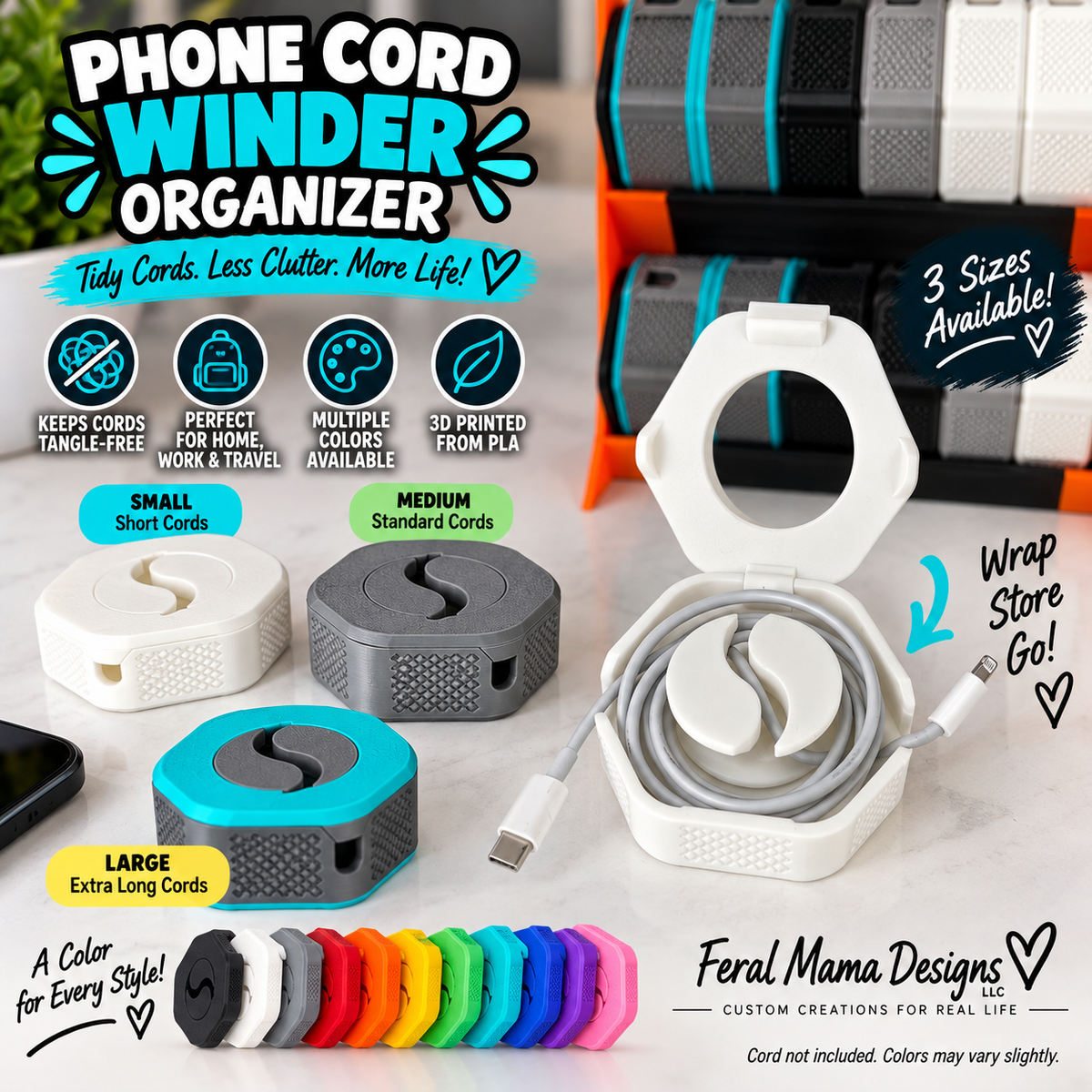 3D Printed Phone Cord Winder & Organizer | Cable Storage Case | 3 Sizes | Multiple Colors Available