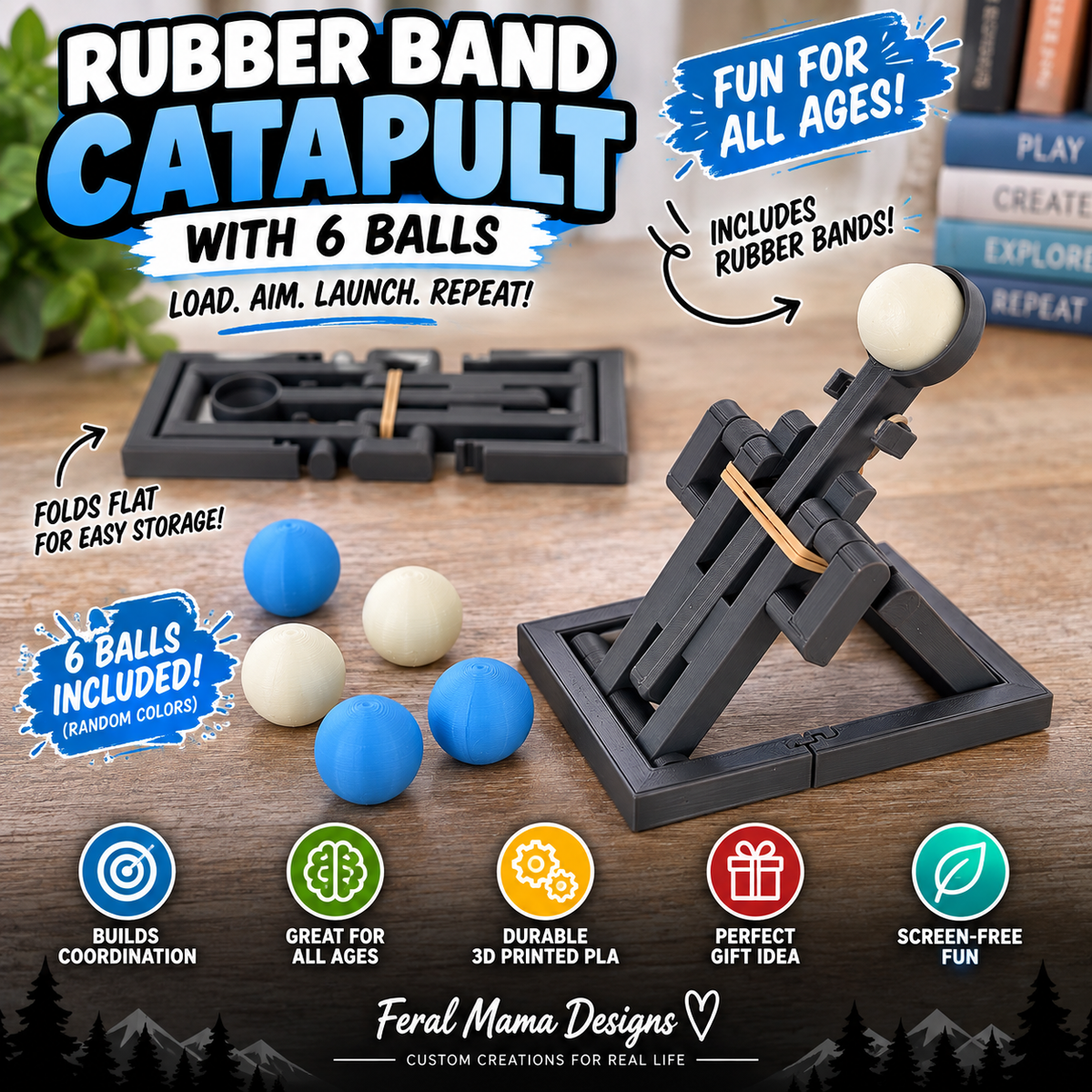 3D Printed Rubber Band Catapult with 6 Glow-in-the-Dark Balls