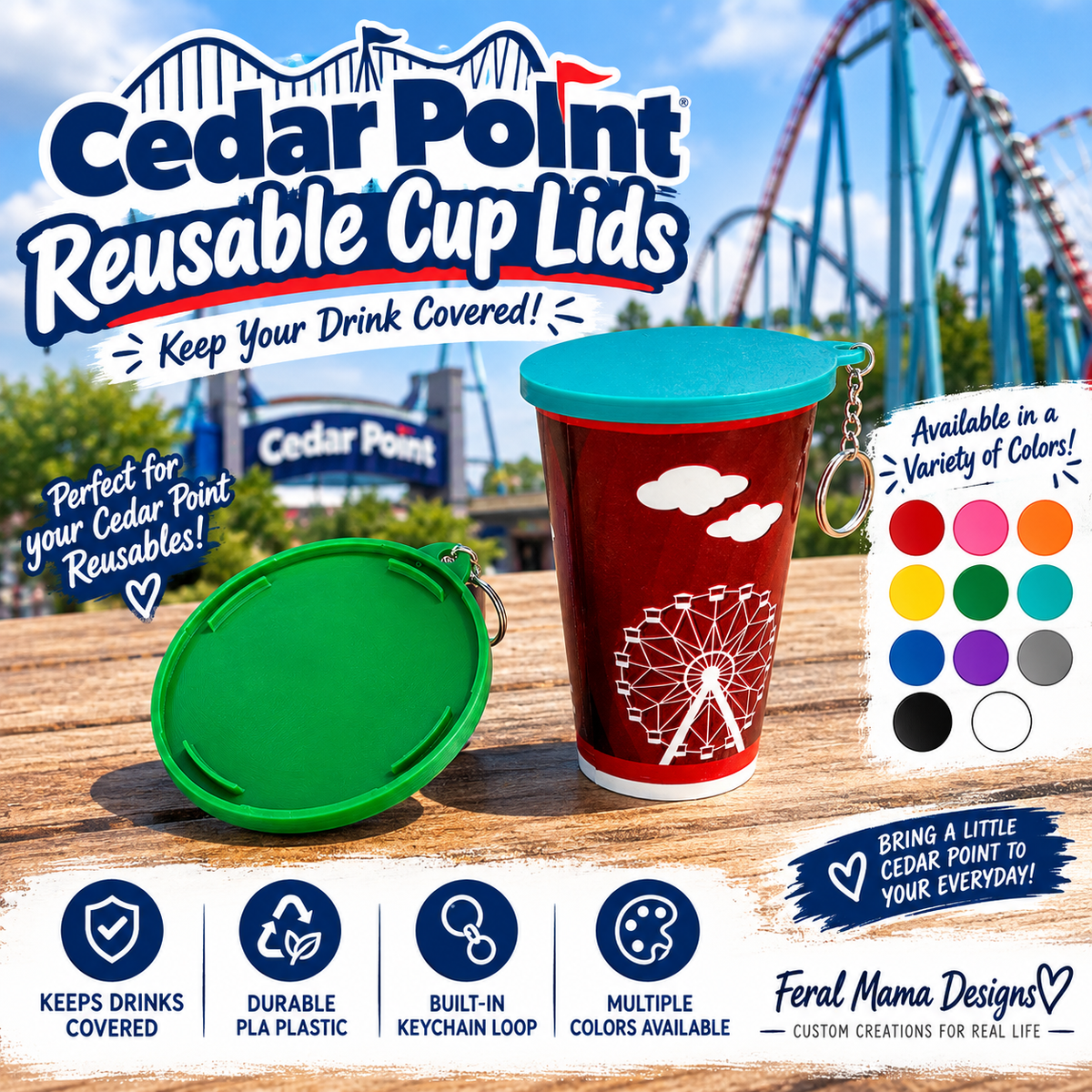 3D Printed Cedar Point Reusable Cup Lid