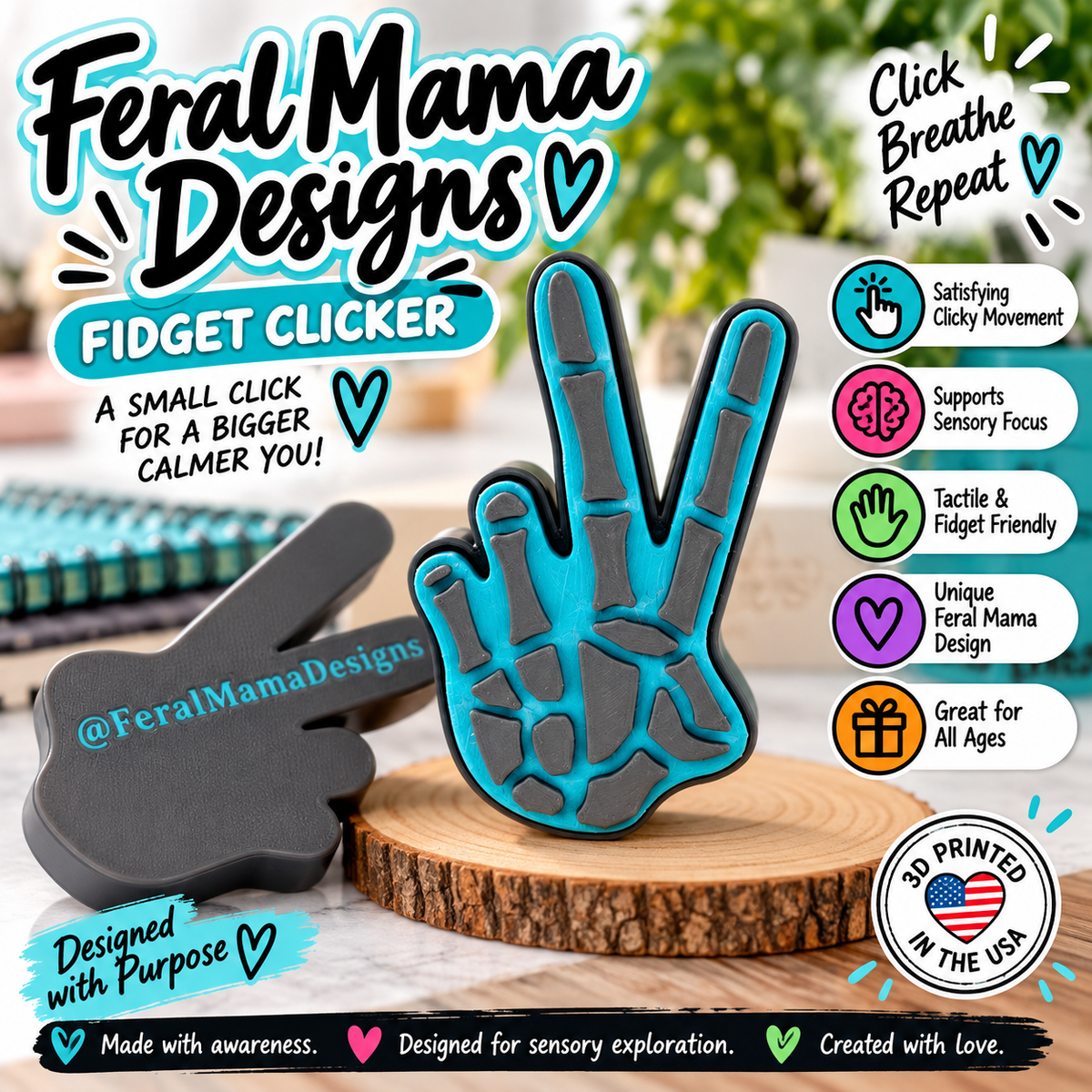 3D Printed Feral Mama Designs Peace Sign Fidget Clicker
