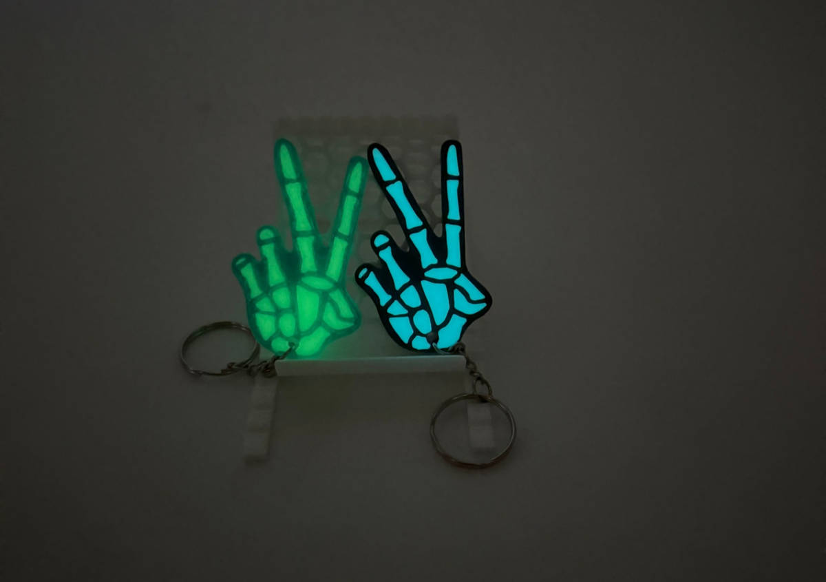 Glow in the Dark Skeleton Peace Sign Keychain | Feral Mama Designs | Raised Bones or X-Ray Bones | 3D Printed Keychain