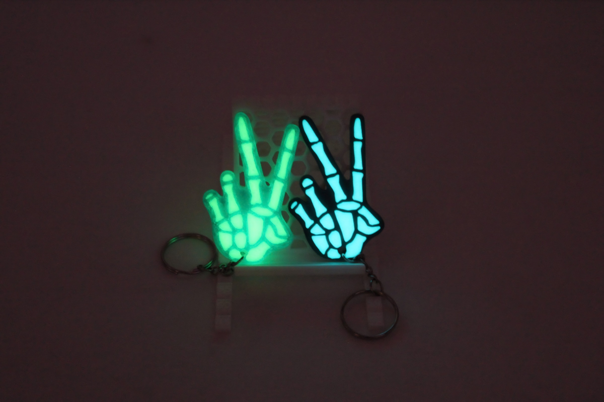 Glow in the Dark Skeleton Peace Sign Keychain | Feral Mama Designs | Raised Bones or X-Ray Bones | 3D Printed Keychain