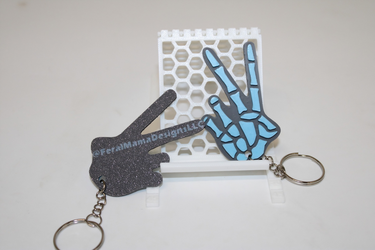 Glow in the Dark Skeleton Peace Sign Keychain | Feral Mama Designs | Raised Bones or X-Ray Bones | 3D Printed Keychain