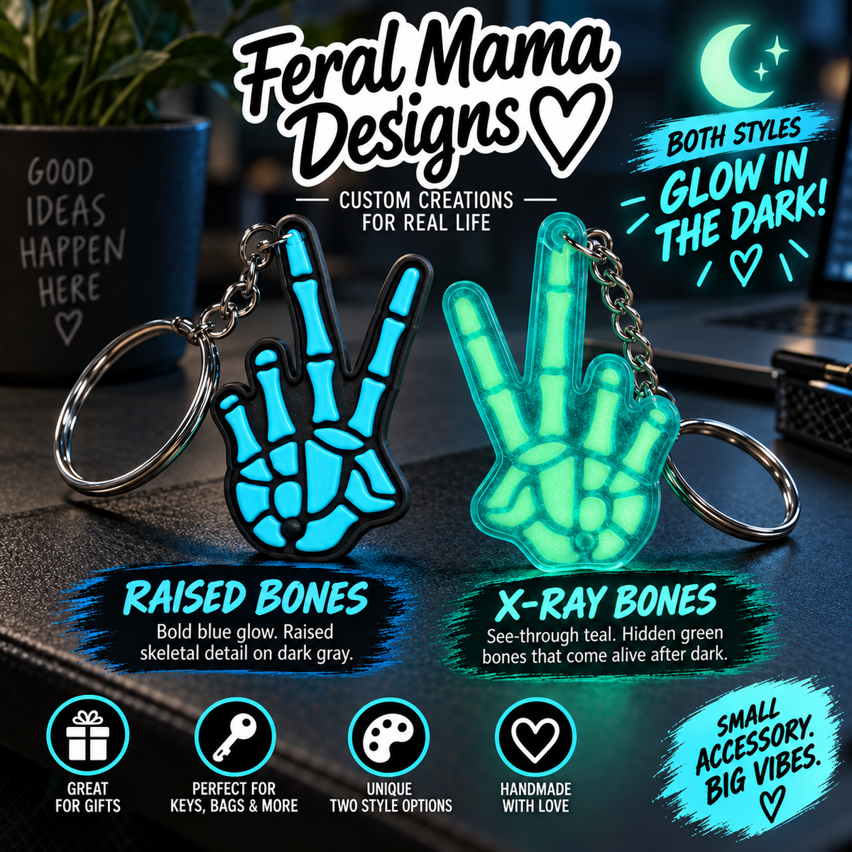 Glow in the Dark Skeleton Peace Sign Keychain | Feral Mama Designs | Raised Bones or X-Ray Bones | 3D Printed Keychain