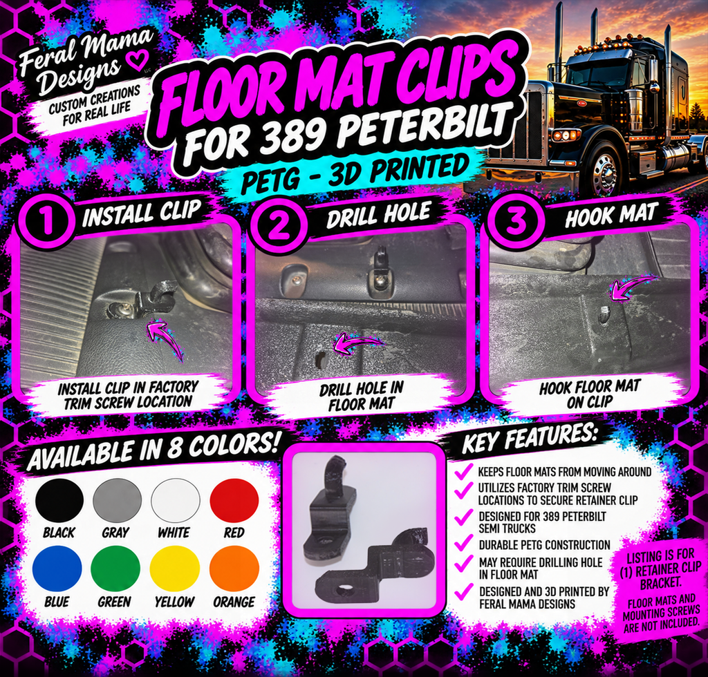 Peterbilt 389 Floor Mat Retainer Clip | PETG Floor Mat Holder | Semi Truck Interior Accessory | 3D Printed Floor Mat Bracket