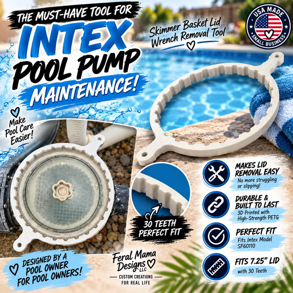 3D Printed Intex Pool Pump Skimmer Basket Lid Wrench Removal Tool