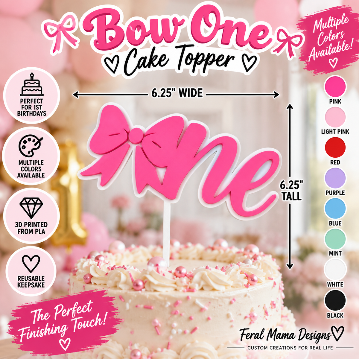 3D Printed Bow ONE Cake Topper