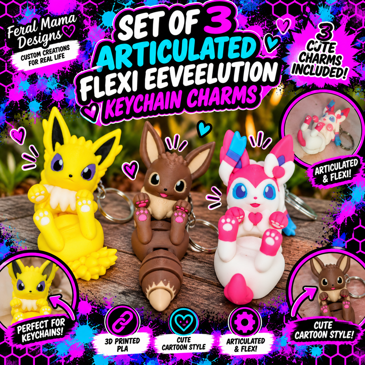 Articulated Flexi Eevee Eeveelution Keychain 3 Piece Set. Included Eevee, Sylveon, and Jolteon!
